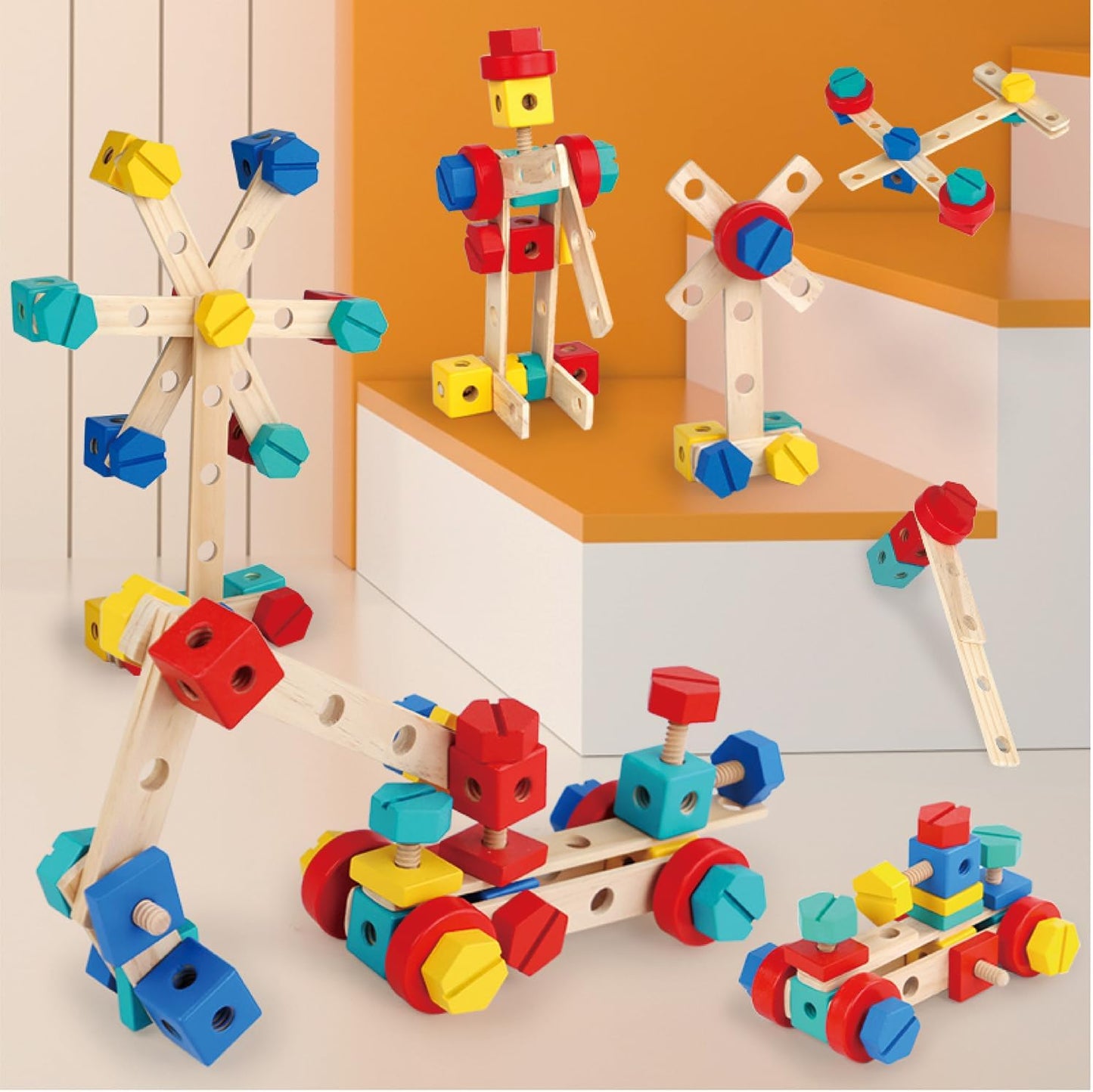 LOVELAND Wooden Nut & Bolt Building Toy for Kids Montessori STEM Construction Set with Tools, Educational Building Blocks for Toddlers Ages 3+ (Boys & Girls)