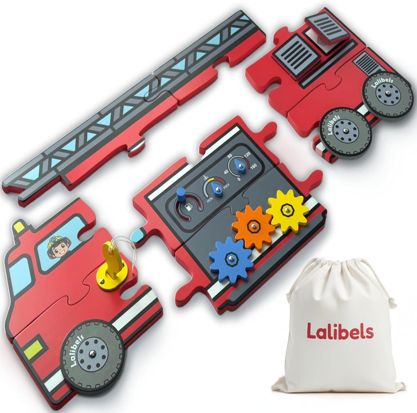 Large Wooden Toddler Puzzles – Fire Truck Interactive Activity Puzzle for Ages 1-3 – Fine Motor Skills Toy with Gears Doors Knobs for Early Learning