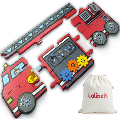 Large Wooden Toddler Puzzles – Fire Truck Interactive Activity Puzzle for Ages 1-3 – Fine Motor Skills Toy with Gears Doors Knobs for Early Learning