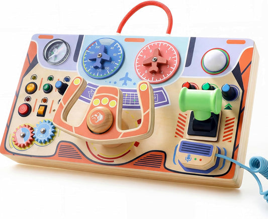 Montessori Busy Board for Toddlers 2-4,Wooden Sensory Steering Wheel Toys with LED Light Switch,Travel Toy Educational Fidget Activity Board for Boys and Girls Gift