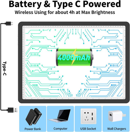 TOHETO Rechargeable A3 Light Pad for Diamond Painting, Ultra Bright Tracing Light Box for Drawing, Wireless Lightbox for Tracing and Drawing, Cordless Diamond Art Light Board for Sketching (Black)
