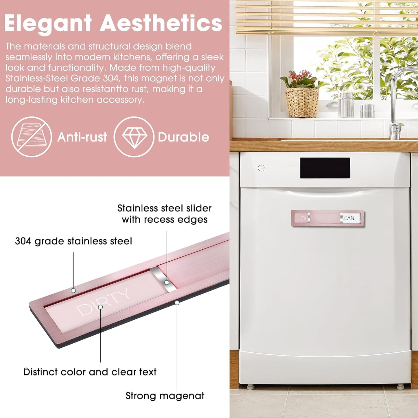 Clean Dirty Magnet for Dishwasher, Premium Stainless Steel, Dirty/Clean Speckled Design, Durable Magnet & Clear Indicators with Extra Tape (Silvery-Gray-01)