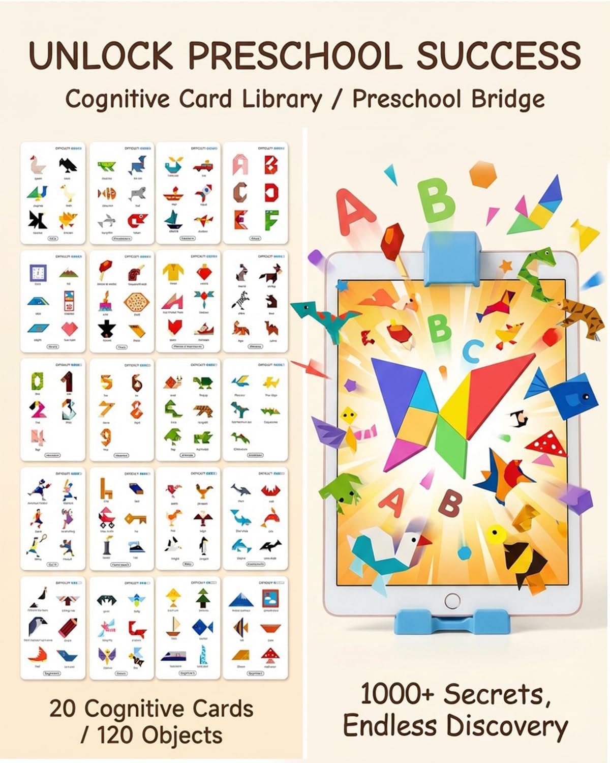 STEM Toys for Kids Ages 4-6, AR Tangram Puzzles with 1000+ Combinations & 20 Cognitive Cards, Food-Grade Silicone Sensory Toy, Interactive Family Games & Meaningful Screen Time Alternative
