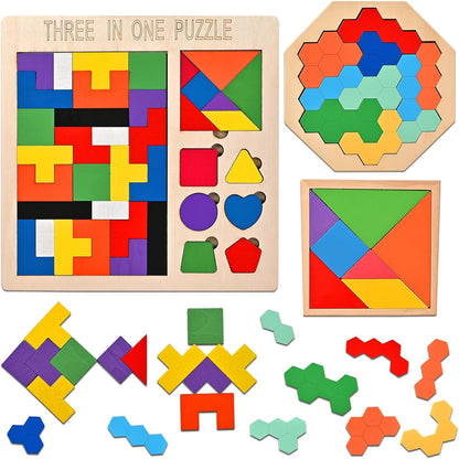 3 PCS Wooden Blocks Puzzles, 3-in-1 Russian Blocks Puzzle, Octagon Puzzle, Tangrams Puzzles, Brain Teaser Puzzles Game, Montessori STEM Educational Toys Gifts for Kids and Adults