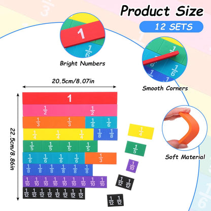 12 Sets Rainbow Fraction Tiles Set, Plastic Fractions Manipulatives Math Magnetic Learning Manipulatives for The Home Curriculum