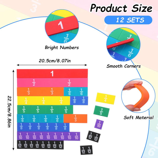 12 Sets Rainbow Fraction Tiles Set, Plastic Fractions Manipulatives Math Magnetic Learning Manipulatives for The Home Curriculum
