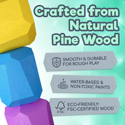 36 Pcs Wooden Stacking Blocks – Montessori Toys for 1 2 3 4 5 6 Year Old Toddlers and Kids, XL Rocks, No Choking Hazard – Sensory STEM Building Stones, for Girls and Boys