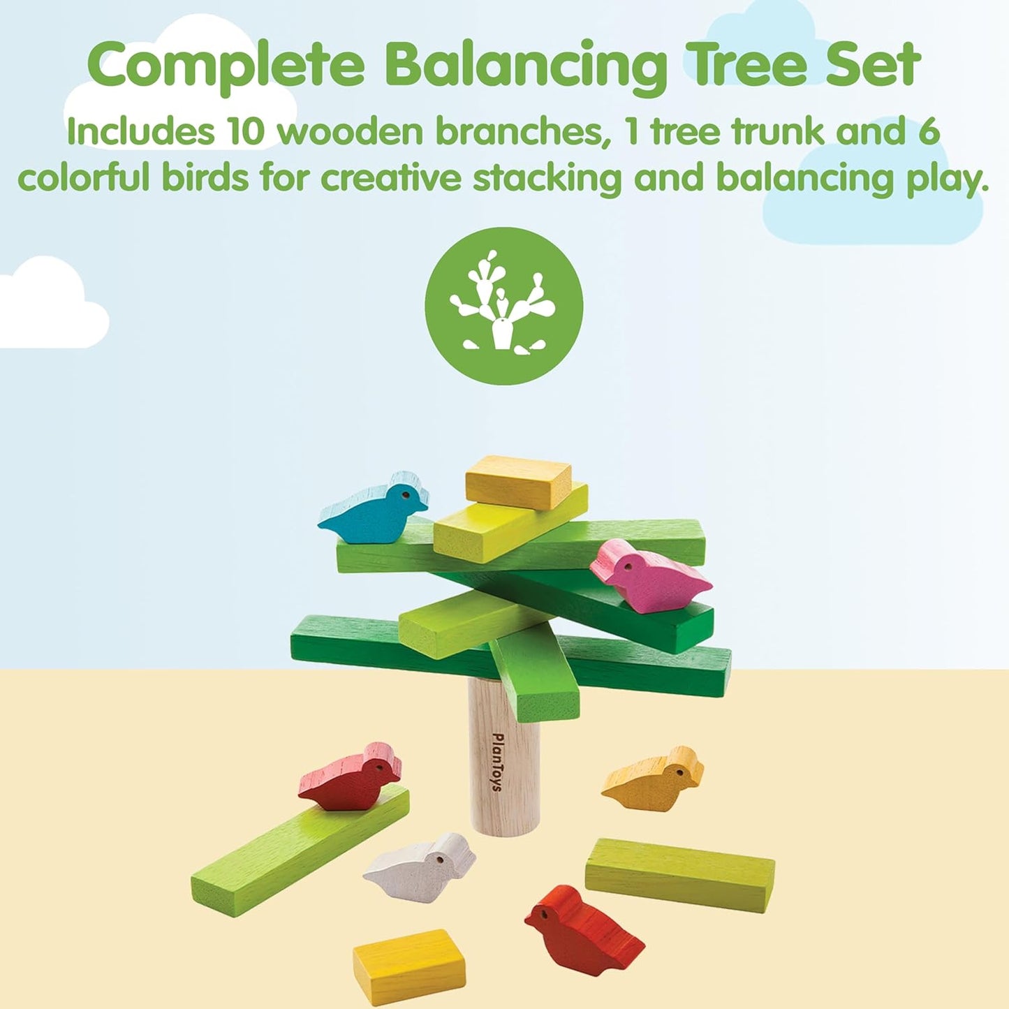 PlanToys® Balancing Cactus | Montessori Wooden Toy for Toddlers | STEM Game for Fine Motor Skills, Logic & Coordination | Eco-Friendly Educational Toy for Kids Ages 3+