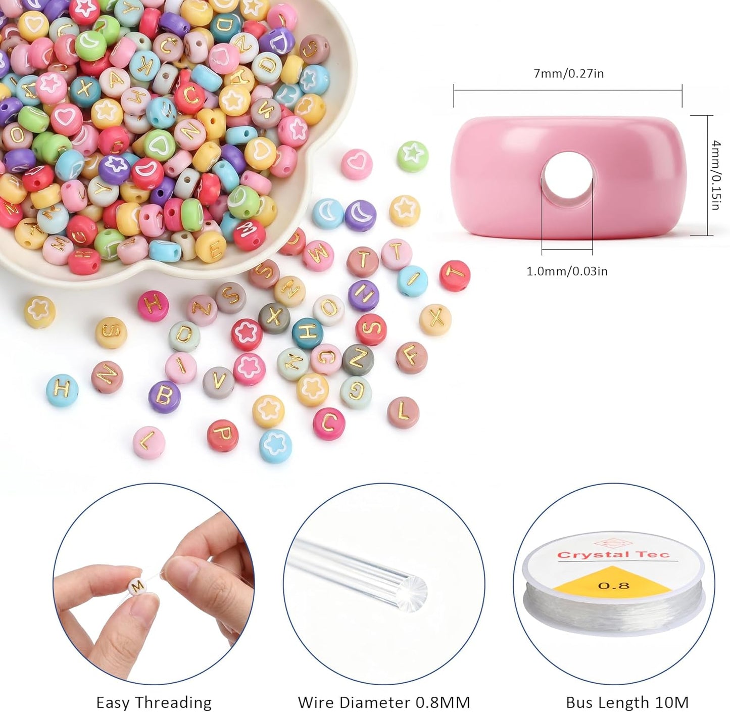 SUTOUG 1000PCS Colourful Letter Beads for Threading, 4 x 7 MM Acrylic Round Alphabet Beads for Jewellery DIY Making Crafts Bracelets Necklaces Ornaments