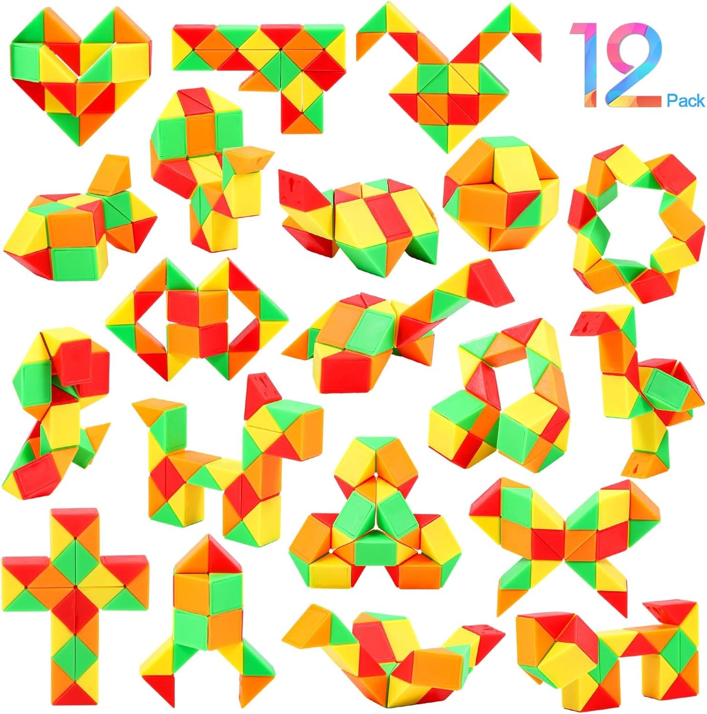 24 Pack Magic Snake Cube Fidget Toys for Kids - 24 Blocks Rainbow Twist Puzzle, Party Favors, Classroom Prizes, Birthday Goodie Bag Fillers, Stress Relief Sensory Toys