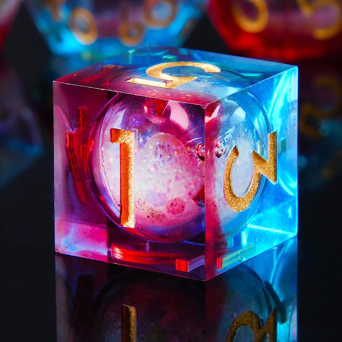 Liquid Core DND Dice Set, 7pcs Sharp Edge Dice for Role Playing Dungeons and Dragons Ttrpg with Gift Box, Handmade Resin D&D Dice RPG Role Playing Games Dice Set(Blue Gold)
