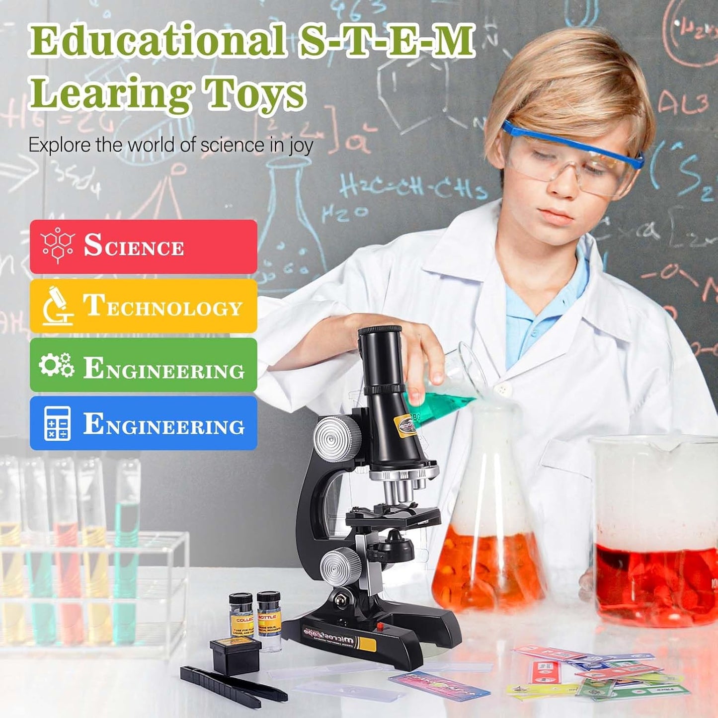 Little World Science Kits for Kids Beginner Microscope Kit with LED 100X 400X and 1200X Black Magnification Kids Educational Toy Birthday Halloween