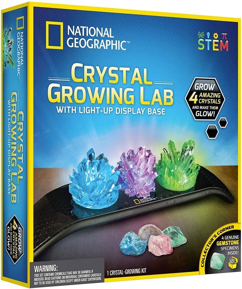 National Geographic Crystal Growing Kit for Kids - Educational Science Kits for Kids Age 8+ with 3 Crystals, 4 Genuine Gemstones and Light-Up Base | STEM Gifts for 8+ Year Old Boys and Girls