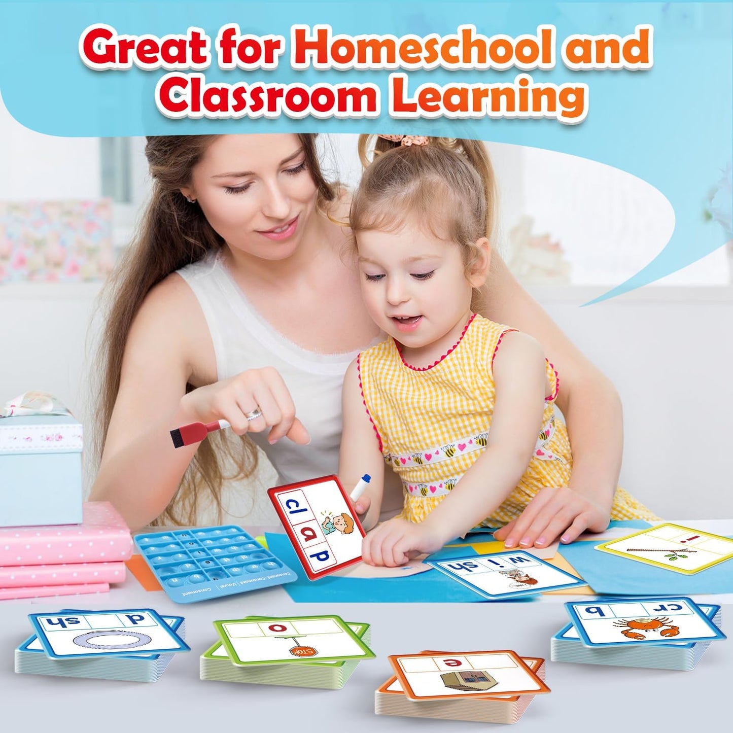 Torlam CVC Word games Phonics Games Sight Words Flash Cards, Spelling Reading Learning Flashcards, Speech Therapy Toy Preschool Kindergarten Classroom Learning Activities Must Have Homeschool Supplies