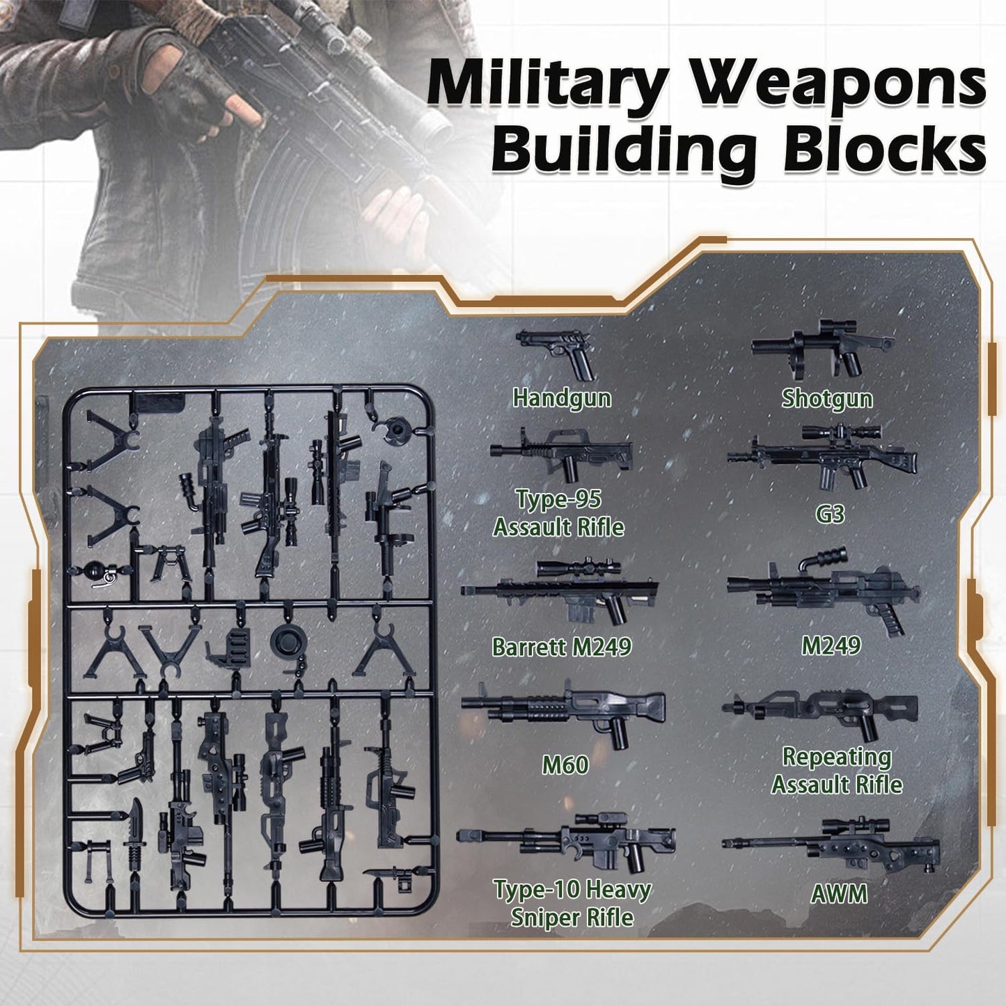 Weapons Pack Military Toy Set Building Blocks Model for Soldier Figures, Army Equipment Gear Kit Pieces and Parts Accessories Compatible with Major Brand