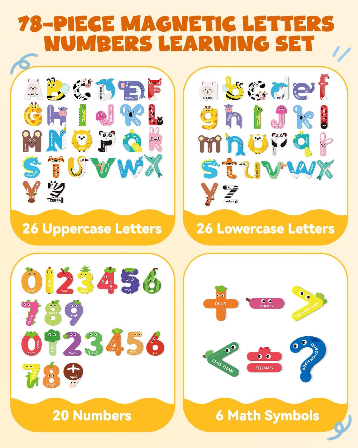 78 PCS Magnetic Letters, Large Cute Animal Alphabet Magnets for Fridge, Uppercase & Lowercase ABC Educational Toy, Choke-Proof Toddler Learning Toys for Kids Toddlers Preschool Learning Spelling