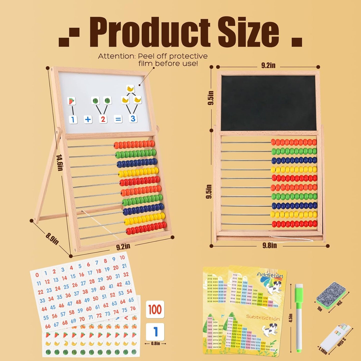 Wooden Abacus for Kids Math - Double-Sided Blackboard Whiteboard Magnetic Abacus with 100 Magnetic Number & Fruit Stickers - Educational Counting Games Kids Gift