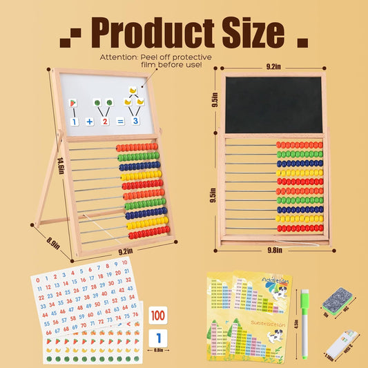 Wooden Abacus for Kids Math - Double-Sided Blackboard Whiteboard Magnetic Abacus with 100 Magnetic Number & Fruit Stickers - Educational Counting Games Kids Gift