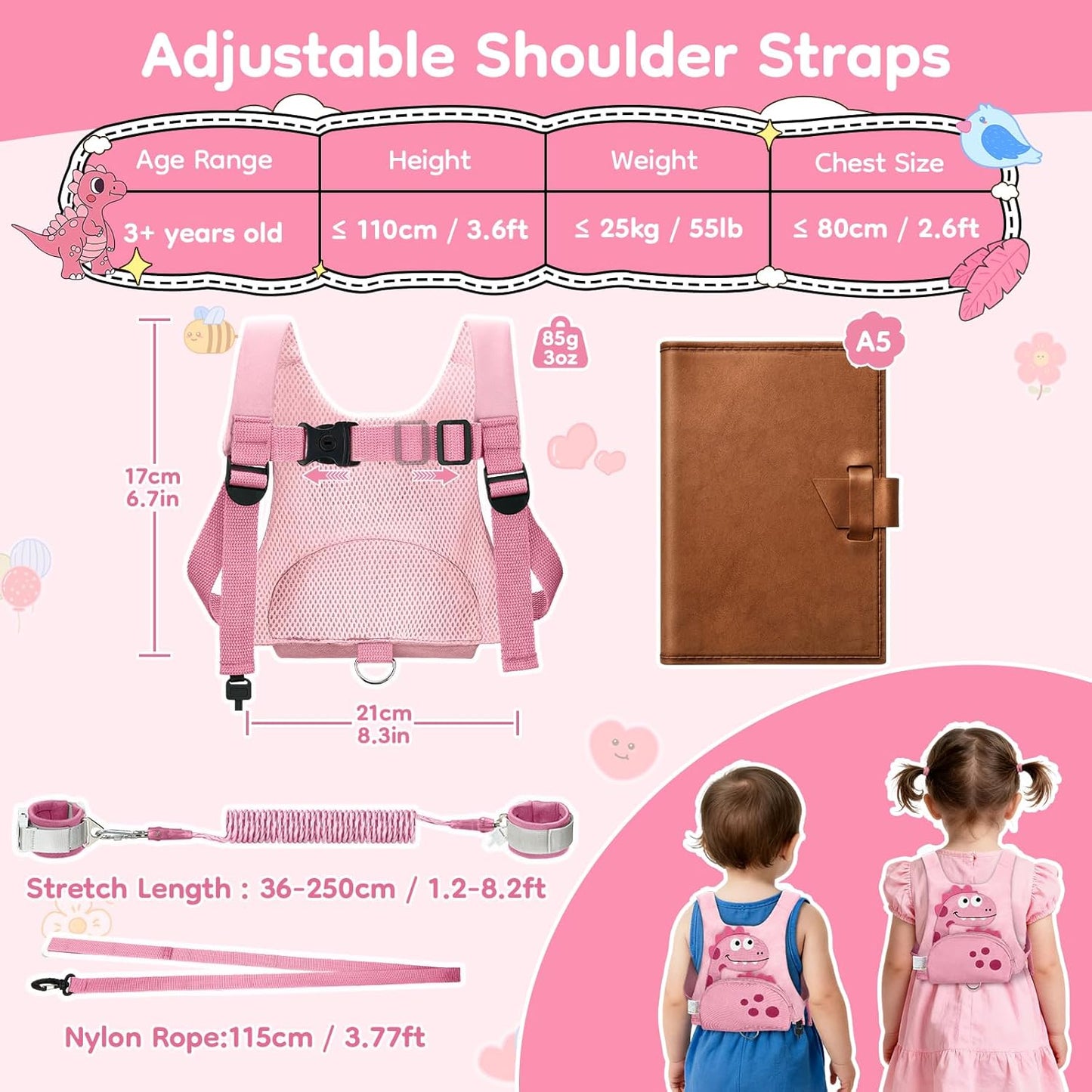 Dr.meter 3 in 1 Toddler Harness Leash + 8.2ft Anti Lost Wrist Link, Cute Dinosaur Kids Safety Harness Tether with Key Lock, Child Protective Leashes While Walking for Outdoor Activity Keep Kids Close