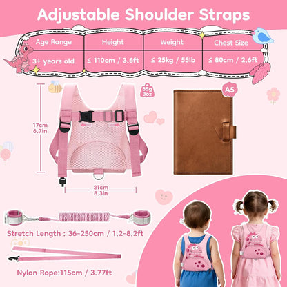Dr.meter 3 in 1 Toddler Harness Leash + 8.2ft Anti Lost Wrist Link, Cute Dinosaur Kids Safety Harness Tether with Key Lock, Child Protective Leashes While Walking for Outdoor Activity Keep Kids Close