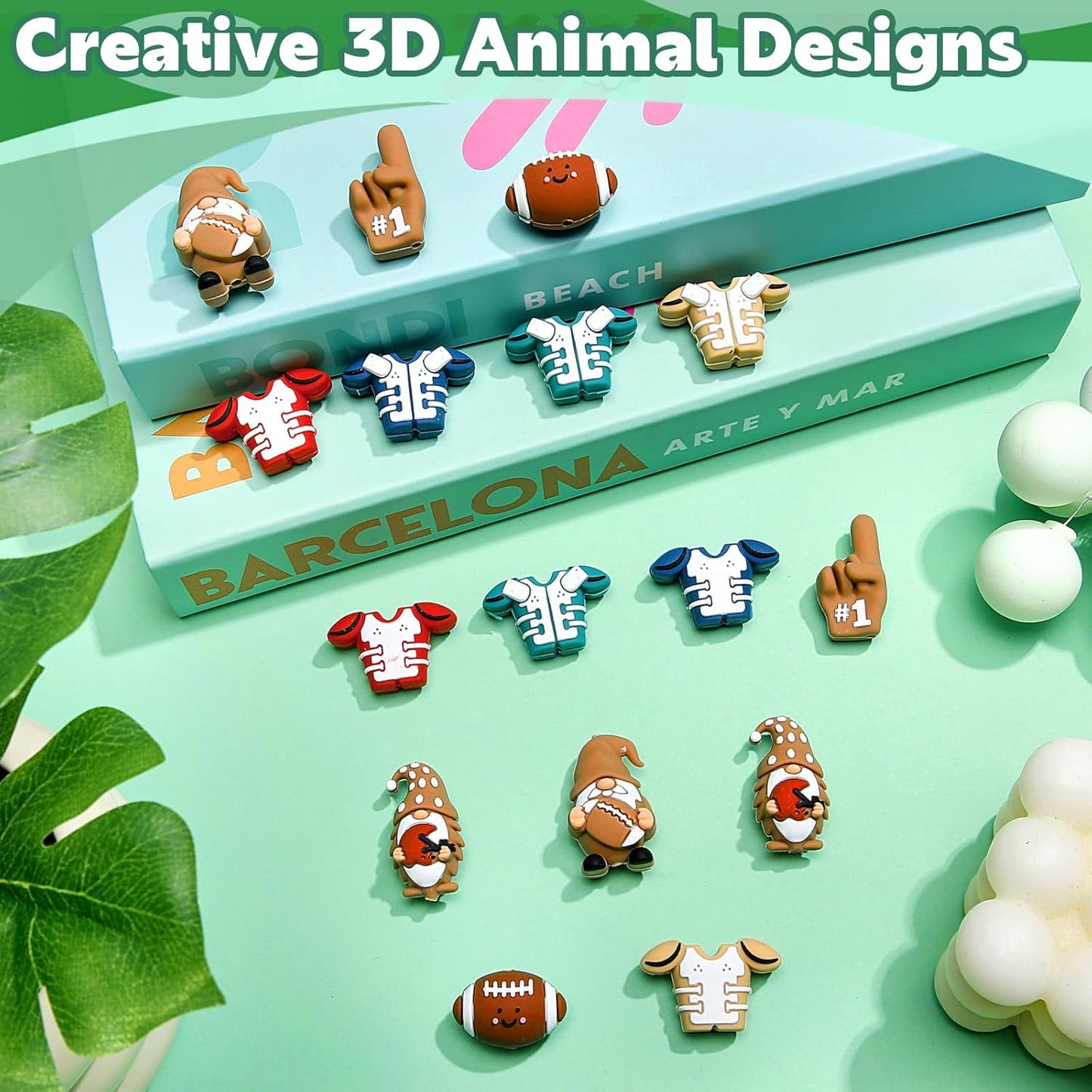 Ferreve 16 Pcs 3D Sports Football Beads Silicone Focal Beads for Keychain Making Pens for Beadable Keychain DIY Crafts Necklace Bracelet Phone Chain Charms Jewelry Making