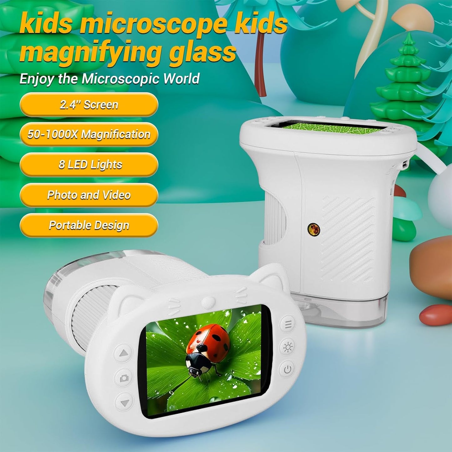 Kids Microscope: 1000X Handheld Pocket Microscope for Photo and Video Portable Science Kits STEM Toys – Christmas/Birthday Gifts for Girls & Boys Ages 3-12(Orange)