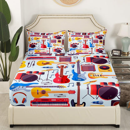 Manfei Musical Kids Fitted Sheet Full Size, MusicalGuitar Radio Drum Kit Headset Print Bedding Set 3pcs for Boys Girls, Rock Music Bed Cover with 2 Pillowcases, Soft Polyester Bedding, No Top Sheet