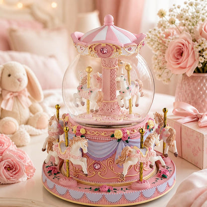 Blue Carousel Snow Globe Music Box with LED Lights, Rotating Horse Merry Go Round with Glitter Snowfall, Wind Up Musical Snow Globe Plays Over the Rainbow, Gift for Daughter Granddaughter Women