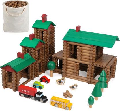Wondertoys 208 Pcs Wooden Log Set - Classic Building Logs Ages 3+ - Best Retro Building Gift Set for Boys - Creative Construction Engineering Educational Gifts