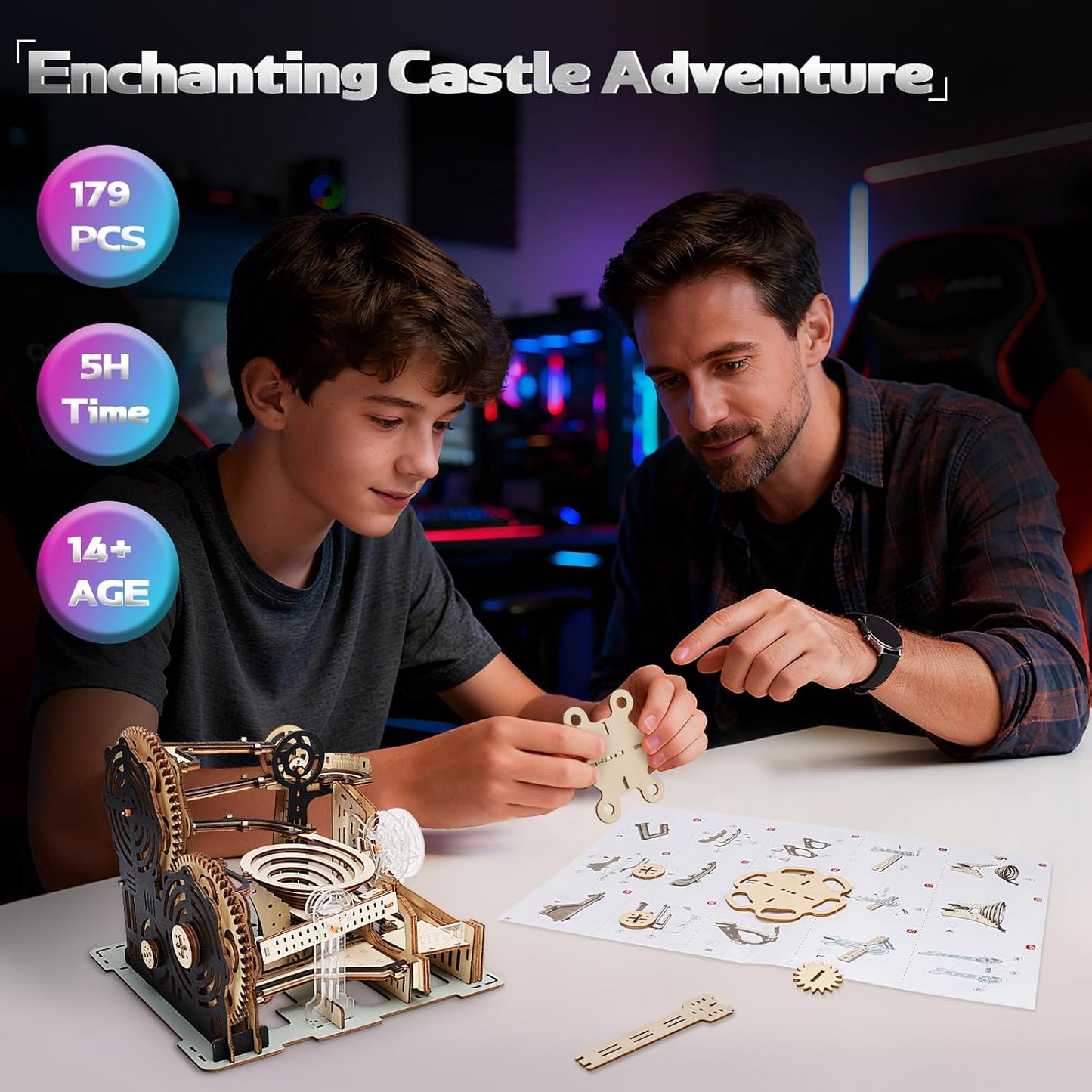 Motorized 3D Wooden Puzzles Marble Run Set for Adults & Teens, Mechanical Marble Run Model Kit to Build, Fun STEM Engineering Gift & Unique Desktop Decor, Christmas Birthday Gift