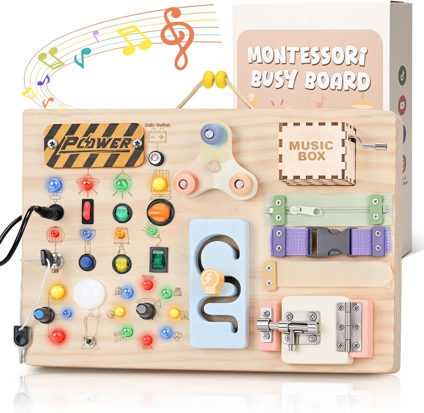 Sanlebi LED Busy Board for Toddlers 1-3,Montessori Toy with Key Switch, Light Up Wood Activity Sensory Board for Fine Motor Skills, Educational Travel Toy Gift for 1 2 3 Year Old Boys Girl