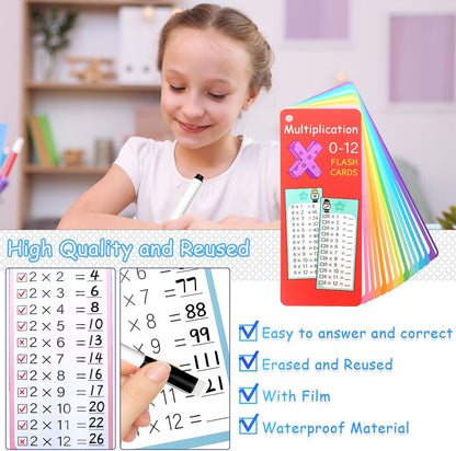 0-12 Multiplication Flash Cards, Large Educational Math, Times Table Flashcards Chart, with 15 Cards, 2 Dry Erase Markers, 1 Rings, Educational Multiplication for Classroom Home