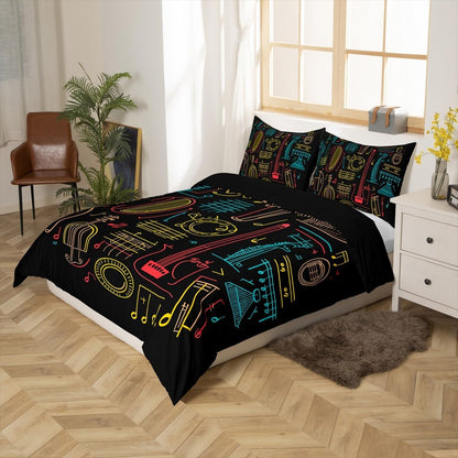 Drum Kit Comforter Cover Abstract Musical Instruments Bedding Set for Kids Boys Teens,Pop Music Duvet Cover Modern Rock Quilt Cover, Teal Laser Light Bedroom Decor Twin Size Blue Green Black