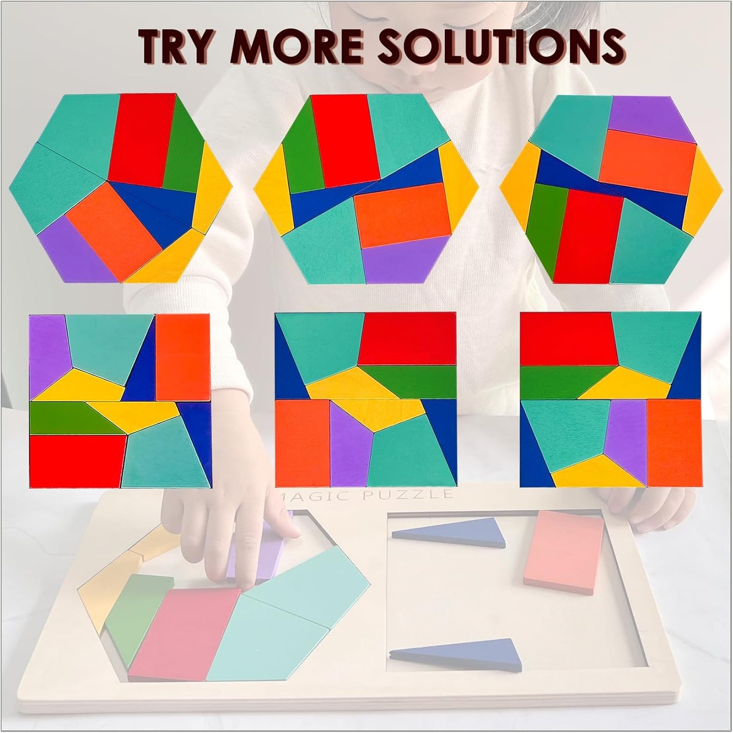 KINGOU 2-in-1 Wooden Tangram Puzzle for Kids & Adults, Hexagon and Square Brain Teasers Intelligence STEM Toys, Geometric Shape Block Jigsaw Games, Desktop Mind Puzzles Travel Gift for Ages 4-8 8-12