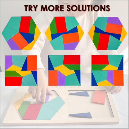 KINGOU 2-in-1 Wooden Tangram Puzzle for Kids & Adults, Hexagon and Square Brain Teasers Intelligence STEM Toys, Geometric Shape Block Jigsaw Games, Desktop Mind Puzzles Travel Gift for Ages 4-8 8-12