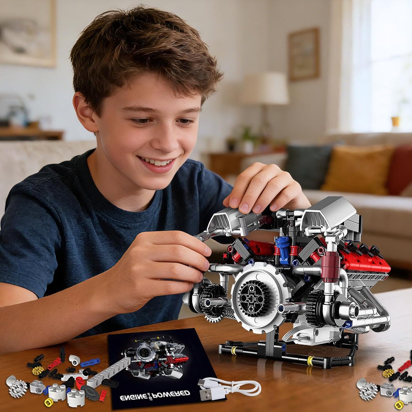 V8 Engine Model Kit that Run, 8-Cylinder Car Engine Building Blocks Set, Build Your Own STEM Engineering Kit that Work with LED Light and APP Control, Collections Set for Age 8+/Kids/Adults (700 PCS)