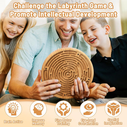 Round Wooden Labyrinth Board Game - Marble Maze for Education and Fun, Toddler Activity Board, Brain Teaser Puzzle Logic Game with Two Metal Balls for Kids, Adults, Teens, Boys, and Girls