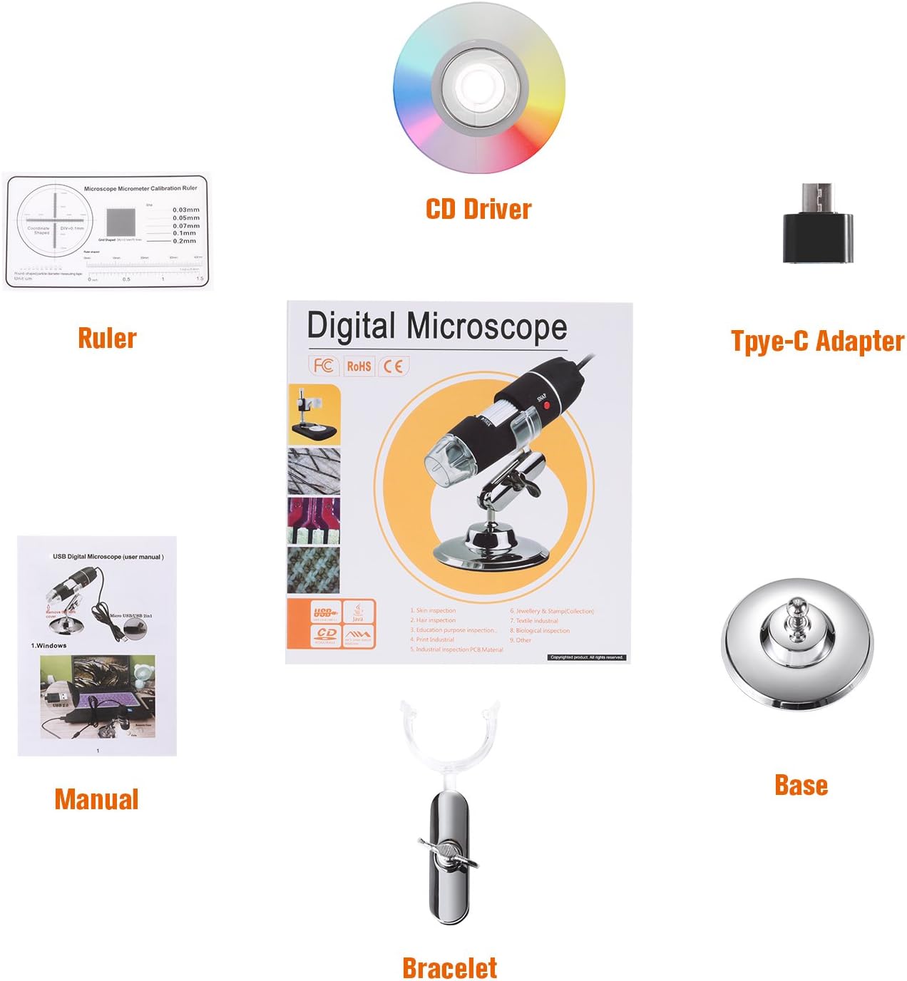 USB Microscope for Android/PC, 40-1000X Magnification Digital Microscope Camera Endoscope with 8 Adjustable LED Lights (Not Compatible with iPhone/iPad)