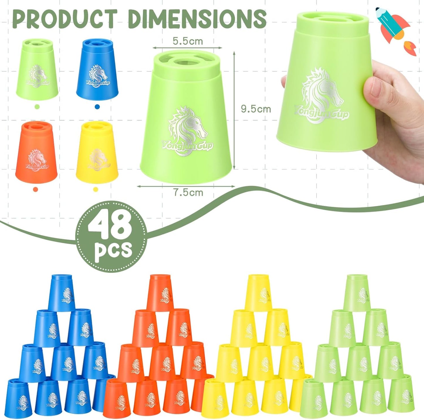 Libima 48 Pcs Sports Stacking Cups Set Stacking Cup Classic Games Speed Training Game for Boy Girl Adult Family Party Challenge Competition Travel Gift, 4 Colors (Blue, Green, Black and Red)