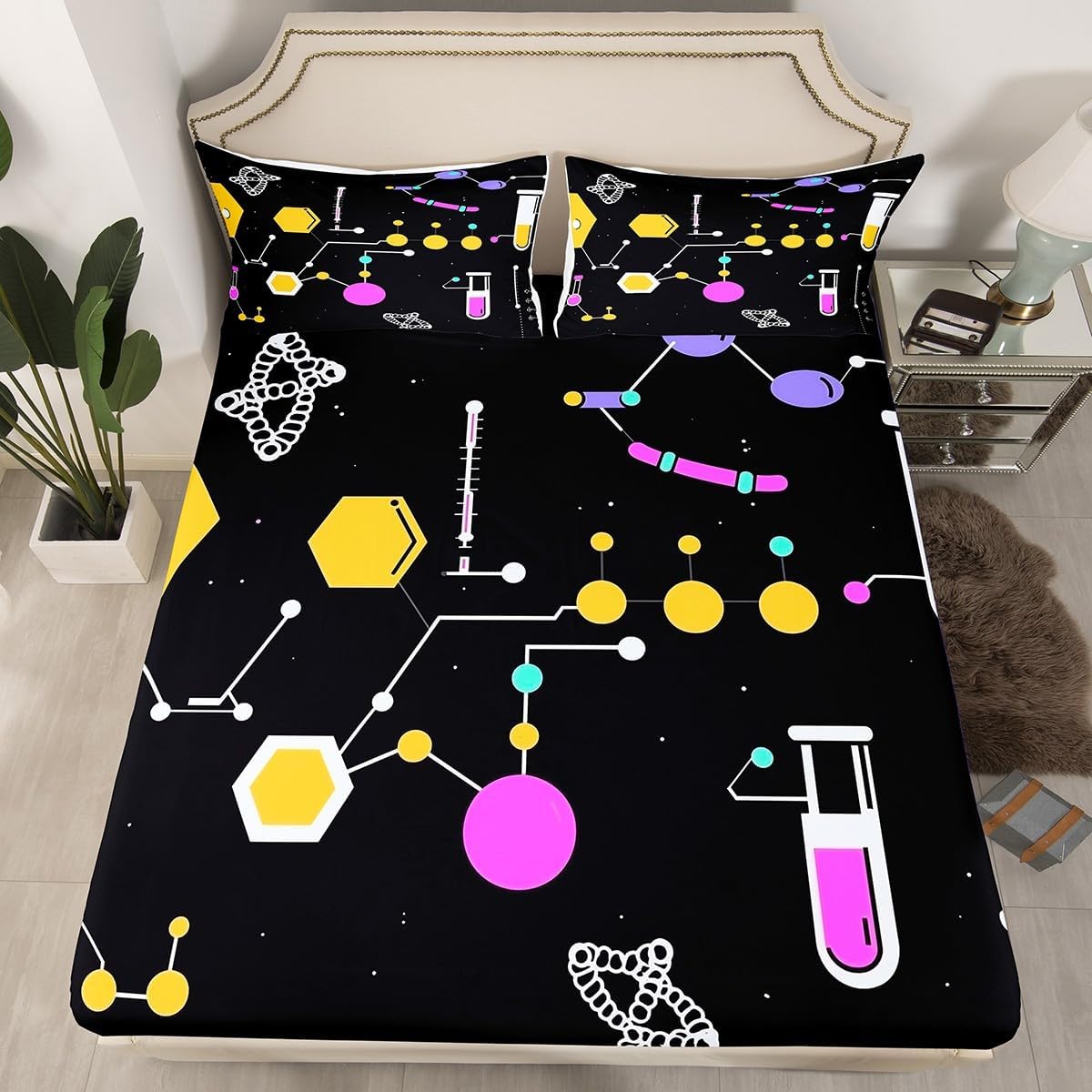 Chemistry Bed Sheets for Kids Teens Girls Boys,Chemical Experiment Fitted Sheet Twin,Science Themed Sheets for Math Lovers,Chemistry Lab Bedding Set,White and Black