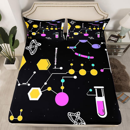 Chemistry Bed Sheets for Kids Teens Girls Boys,Chemical Experiment Fitted Sheet Twin,Science Themed Sheets for Math Lovers,Chemistry Lab Bedding Set,White and Black