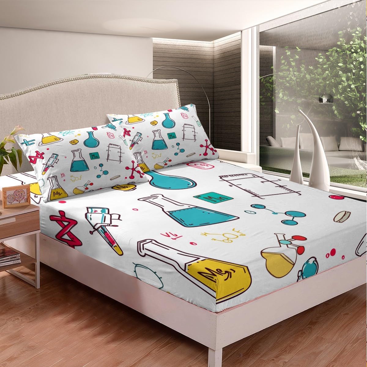 Erosebridal Science Theme Bed Sheets Set Full Size for Boys Girls Chemistry Periodic Table Print Sheet Set Chemical Subject Theme Sheets Teens Kids Math Science Atyle Fitted Sheet 4 Pcs