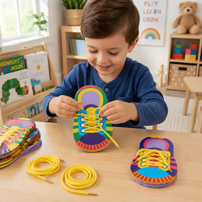 LUOZZY 10 Sets Shoe Trying Practice for Kids Shoelace Threading Teaching Toys Learn to Tie Shoelaces Toy Fine Motor Skills Toy Threading Game for Kids, Random Color