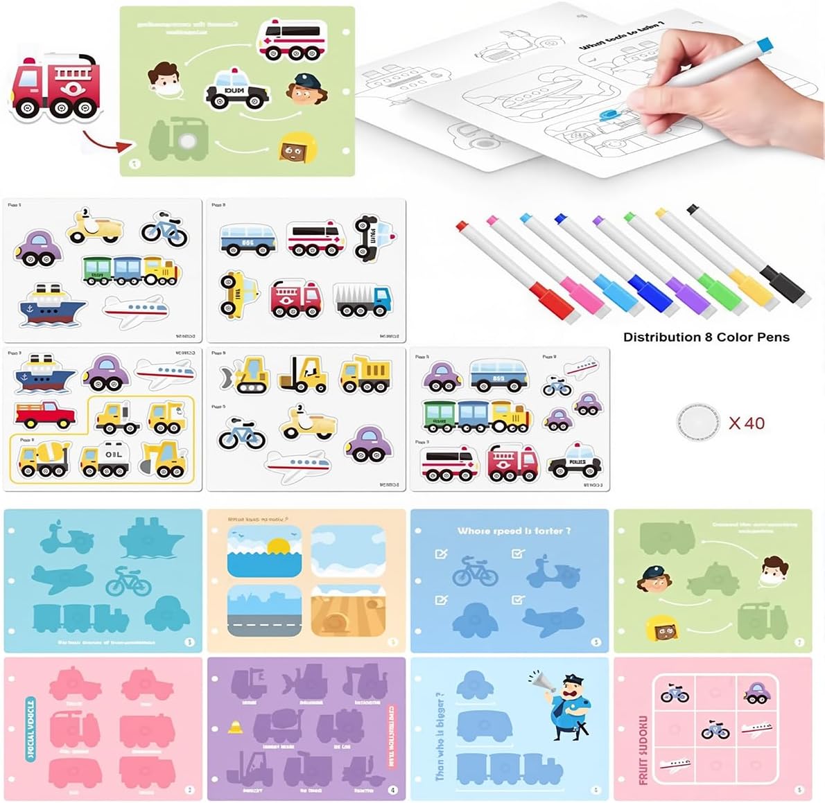 Kids Early Learning Busy Book Activity, Velcro Rip-off Vehicles and Coloring Fill In (Police Car, Fire Truck, Ambulance, Train, Bus, Cars, Boat, Airplane, Construction Trucks, Taxi) With Coloring Pens