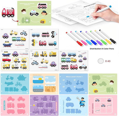 Kids Early Learning Busy Book Activity, Velcro Rip-off Vehicles and Coloring Fill In (Police Car, Fire Truck, Ambulance, Train, Bus, Cars, Boat, Airplane, Construction Trucks, Taxi) With Coloring Pens