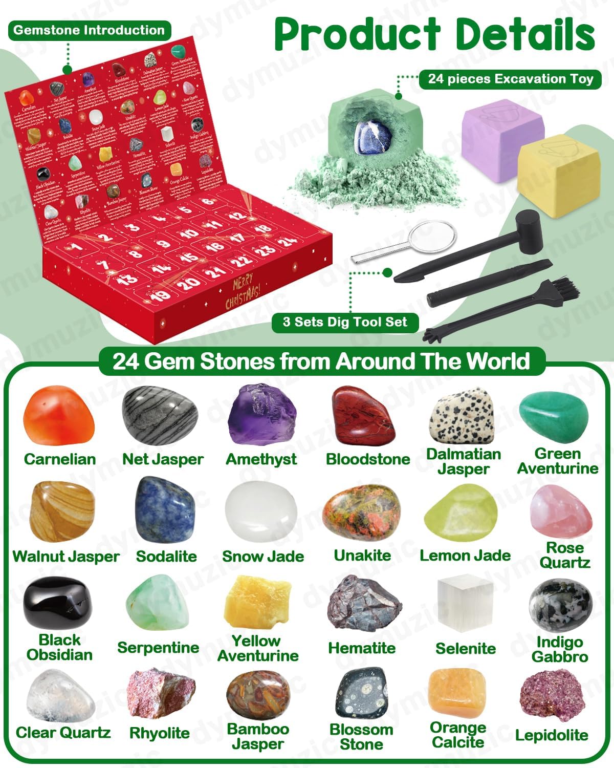 Advent Calendar 2025 Kids, Gemstone Dig Kit Advent Calendar - Dig Up 24 Real Gemstones, Rokcs, and Crystals, Gem Digging Kit, Gift for Girls and Boys,