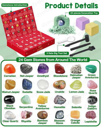 Advent Calendar 2025 Kids, Gemstone Dig Kit Advent Calendar - Dig Up 24 Real Gemstones, Rokcs, and Crystals, Gem Digging Kit, Gift for Girls and Boys,