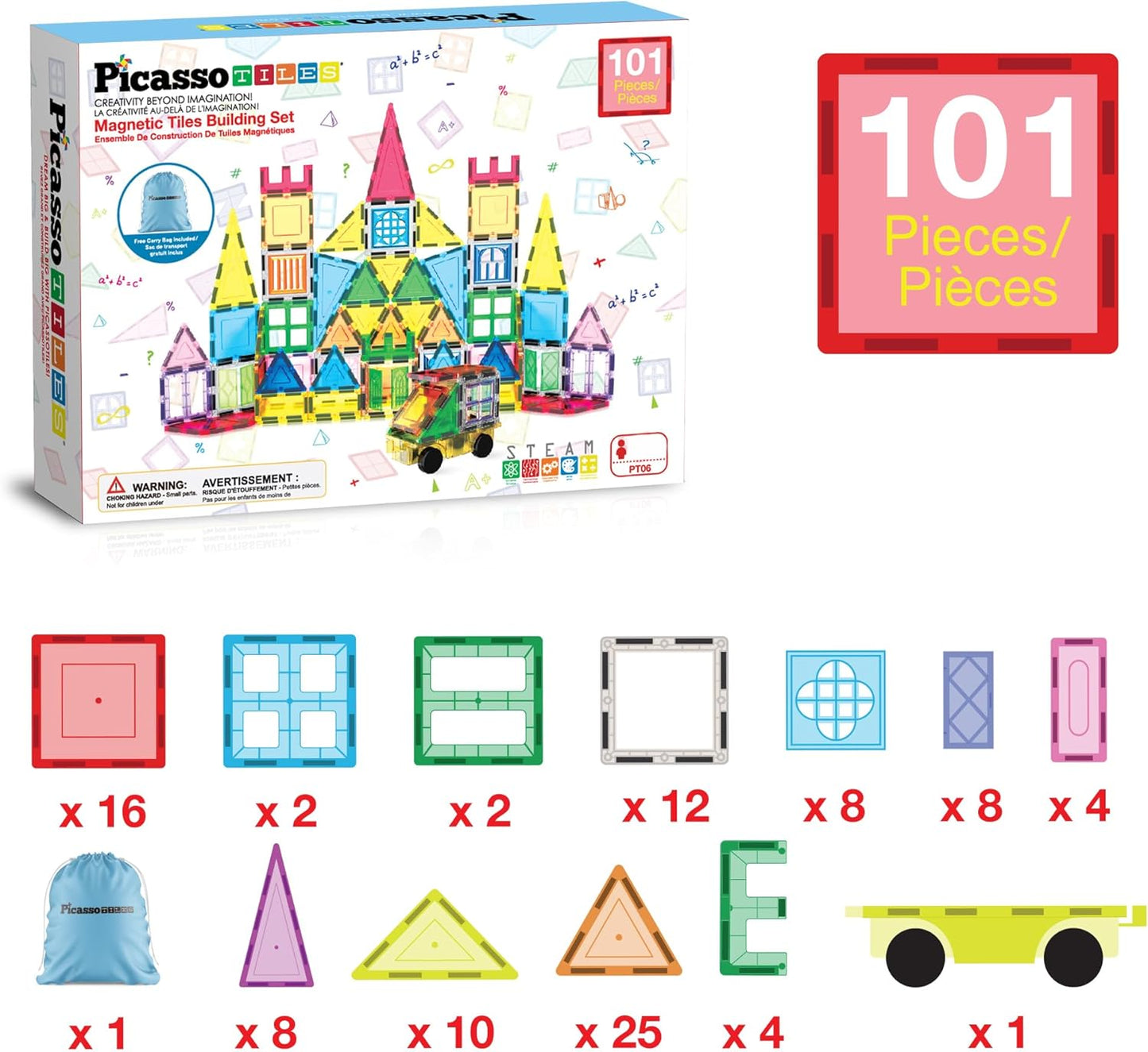 PicassoTiles 101 Piece Magnetic Tile Building Blocks Set with Durable Storage Bag STEM Educational Construction Magnet Toy Kit for Toddlers Preschool Kids Boys Girls Age 3 Plus Indoor Learning PT06