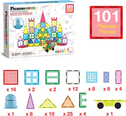 PicassoTiles 101 Piece Magnetic Tile Building Blocks Set with Durable Storage Bag STEM Educational Construction Magnet Toy Kit for Toddlers Preschool Kids Boys Girls Age 3 Plus Indoor Learning PT06