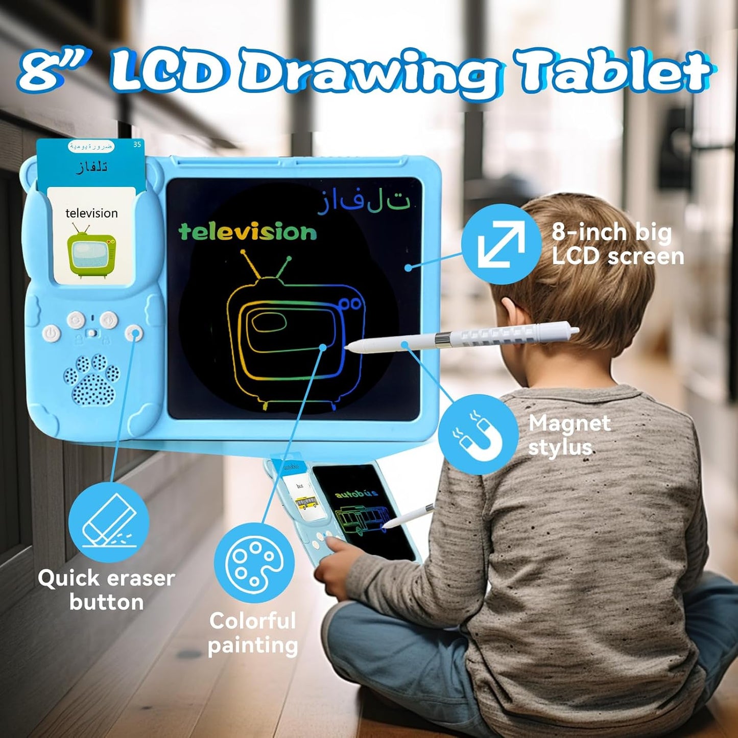 Talking English & Spanish Flash Cards - 8" LCD Writing Tablet for Kids 3-12, Bilingual 510 Sight Words, Toddler Pocket Speech, Drawing Sketch Pad, Autism Toys for Boys (Spanish, Blue)